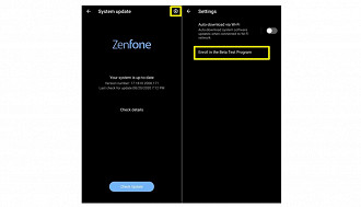 Atualização mais recente mostra engrenagem que permite o usuário se cadastrar no programa Beta do Android 11 para o Zenfone 6