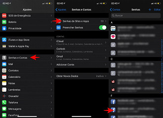Ajustes > Senhas e Contas > Senhas de Sites e Apps > Conta