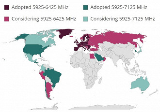 Países onde o Wi-fi 6E já foi aprovado. Fonte: Wi-fi Alliance