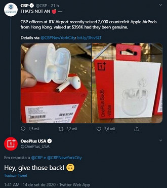 OnePlus USA comentando no tweet da CBP. Fonte: Twitter