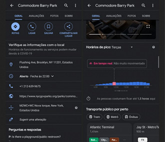 Capturas de tela do tema escuro (dark theme) no aplicativo Google Maps para Android. Fonte: androidpolice