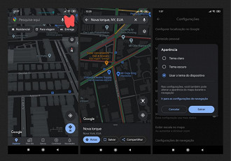 Capturas de tela do tema escuro (dark theme) no aplicativo Google Maps para Android. Fonte: androidpolice