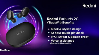 Fone in-ear True Wireless (TWS) Redmi Earbuds 2C. Fonte: Xiaomi