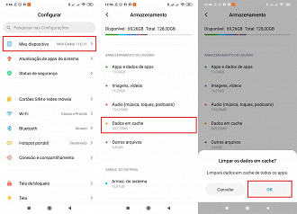 Configurações > Meu Dispositivo > Dados em Cachê > OK.