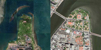 Imagem gerada pela IA representando um momento no passado de Recife (esquerda) e imagem de satélite atual da cidade. Fonte: Escola Politécnica da Universidade de Pernambuco