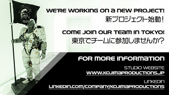 Banner de anúncio de contratação de pessoas para trabalhar no estúdio Kojima Productions. Fonte: Kojima Productions