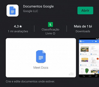 Google Docs com 1 bihão de downloads. Fonte: Vitor Valeri