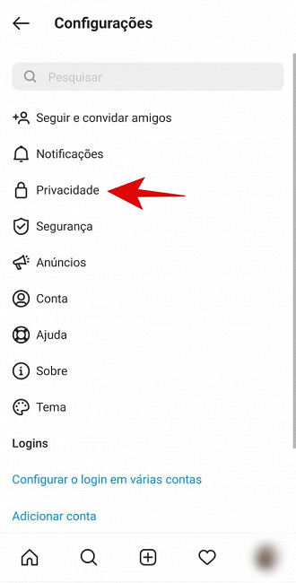 Clique em Privacidade