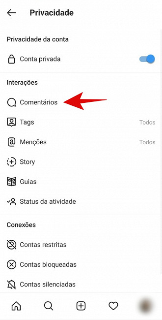 Interações, clique em Comentários