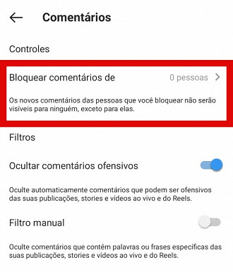 Clique em Bloquear comentários de