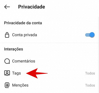 Na sessão Interações, clique em Tag;