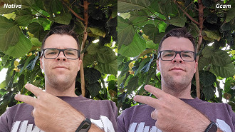 Selfie Gcam vs Nativa S10 Lite: diurna, em baixo de uma árvore