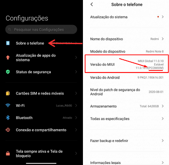Acesse às configurações e anote a versão do MIUI. Foto: Screenshot/Lucas Ribeiro.