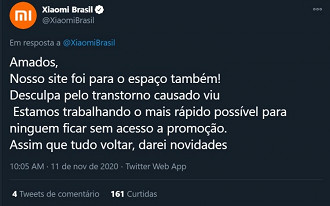 Xiaomi pede desculpas pela queda do site. Fonte: Twitter Xiaomi pede desculpas pela queda do site. Fonte: Twitter