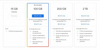 Planos do Google One para aumentar o espaço para o armazenamento de arquivos. Fonte: Google