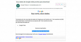 E-mail avisa quando o backup terminar, trazendo o link para download.