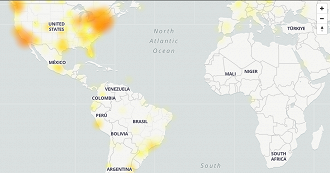 Mapa de falhas por continente. Foto: Reprodução/DownDetector.