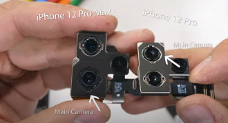 Sensores do iPhone 12 Pro Max na esquerda, e o do iPhone 12 Pro na direita.