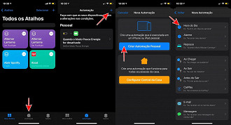 Atalhos > Automação > + > Criar Nova Automação > Hora do Dia