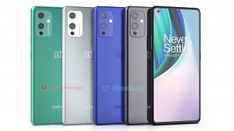 OnePlus 9 em quatro cores diferentes.