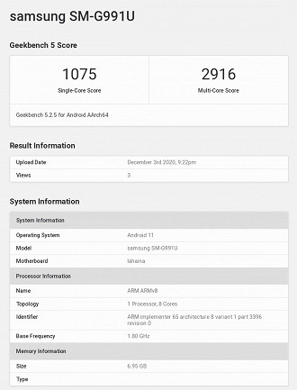 Samsung SM-G991U na plataforma do Geekbench.