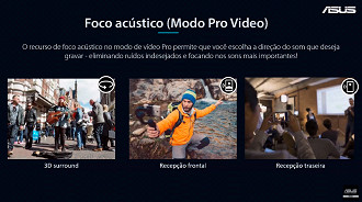 Modo profissional de vídeo traz inclusive controle dos microfones, 3 no smartphone e também controla mic externo conectado.
