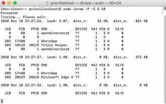 sudo iotop -P -C 5 10