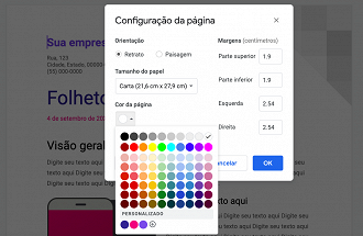 Clique em uma das cores pré-definidas ou personalizado para escolher outra cor