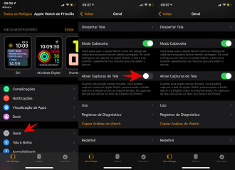 App Watch > Geral > Ativar Capturas de Tela.