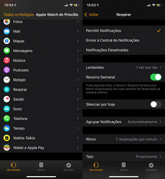 App Watch > Respirar > Notificações Desativadas.