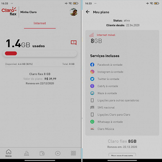 Aplicativo Claro Flex. Foto: Printscreen.