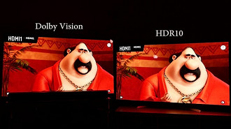 Note que a bochecha do personagem tem um apresentação mais natural na imagem do Dolby Vision.