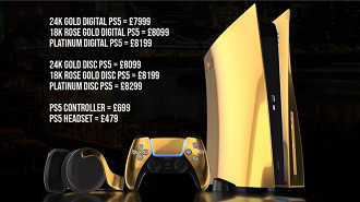 PlayStation 5 com leitor de disco em ouro 24K e seus acessórios. Fonte: trulyexquisite