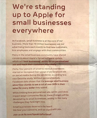 Foto de um jornal dos EUA com a mensagem do Facebook criticando a postura da Apple.