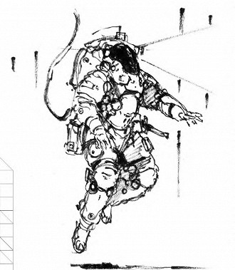 Primeiros esboços de LUDENS como astronauta. Fonte: Kojima Productions