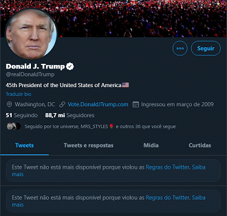 As últimas postagens de Donald Trump foram excluídas do Twitter.