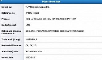 Moto Nio recebe certificação de bateria. (Imagem: TUV Rheiland Japan/GSM Arena)