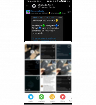 Telegram - Recursos distribuídos na tela principal da conversa, porém nem todos aparecem, tamanha a versatilidade.