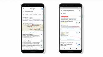 Google Maps e sistema de busca exibindo informações sobre a vacinação de COVID-19 e farmácias para pedir medicamentos. Fonte: Google