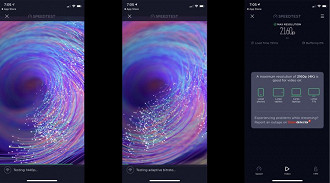 Teste de resolução e bitrate adaptável no app Speedteste da Ookla. Fonte: Ookla