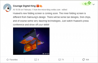 Publicação na rede social Weibo, indica a chegada do novo dobrável da Huawei em breve.
