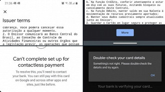 Contrato do Nubank no Google Pay e mensagens exibidas de acordo com a inserção dos dados. Fonte: Twitter