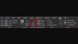 Botão para alternar entre os modos Claro e Escuro na barra de tarefas do Microsoft Word (versão beta). Fonte: Microsoft