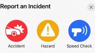 Opções disponíveis para alerta no Apple Maps. Observe a semelhança entre os ícones comparado ao Google Maps e Waze. Fonte: The Verge