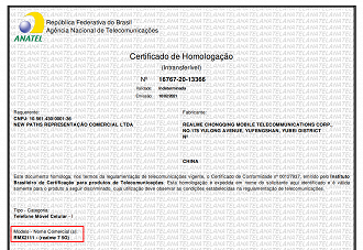 Note que o documento aparece com o código RMX2111 mas confirma o modelo realme 7 5G. (Imagem: Anatel, captura de tela por Adalton Bonaventura)