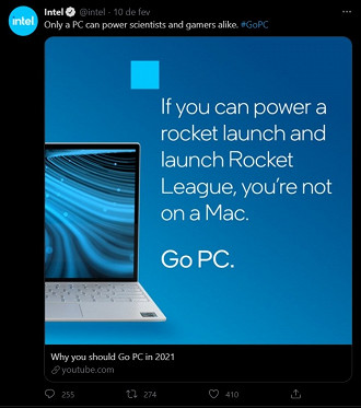 Tweet feito pela Intel para zombar da Apple. Fonte: Twitter