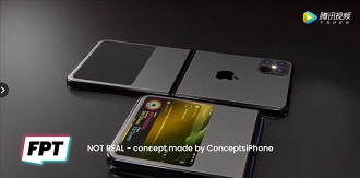 Na imagem vemos o possível design de um futuro iPhone dobrável com os dizeres: isso não é real! (Imagem: FPT / My Drivers)