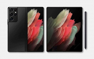 Renderização do Galaxy Fold 3 mostra o módulo de câmeras idêntico ao do Galaxy S21 Ultra. (Imagem: Reprodução / Ben Geskin)