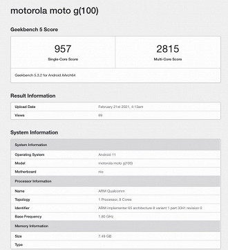 Em teste realizado pelo Geekbench, o Moto G100 alcançou 2.815 pontos quando todos os núcleos passaram por estresse. (Imagem: Geekbench)