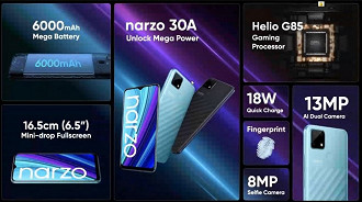 Narzo 30 A tem configurações mais modestas. (Imagem: Divulgação / realme)